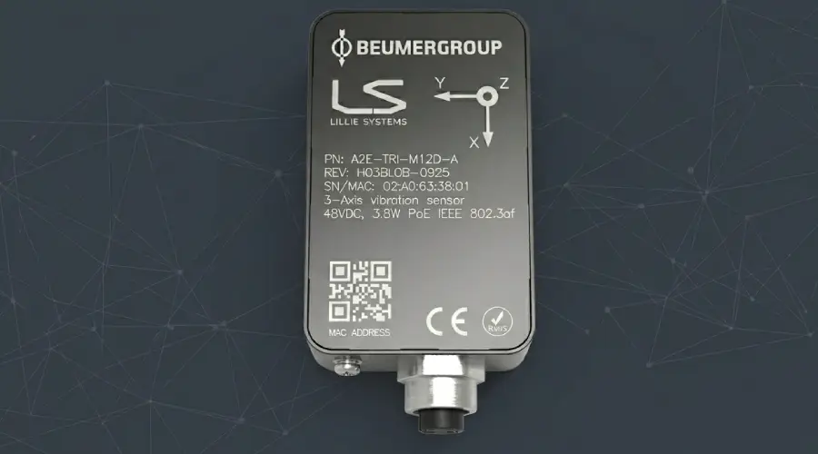 A2E-TRI triple axis accelerometer with Ethernet and PoE in dark compact enclosure